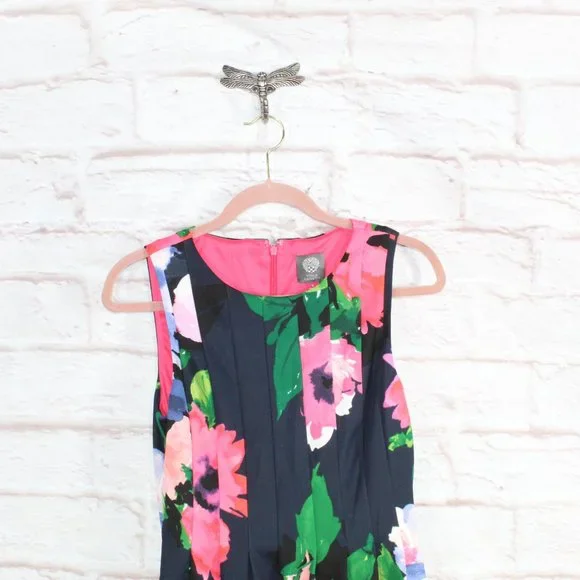 Vince Camuto Blue Polyester Floral Zip Sleeveless Fit and Flare Dress Size 6 - Picture 2 of 7